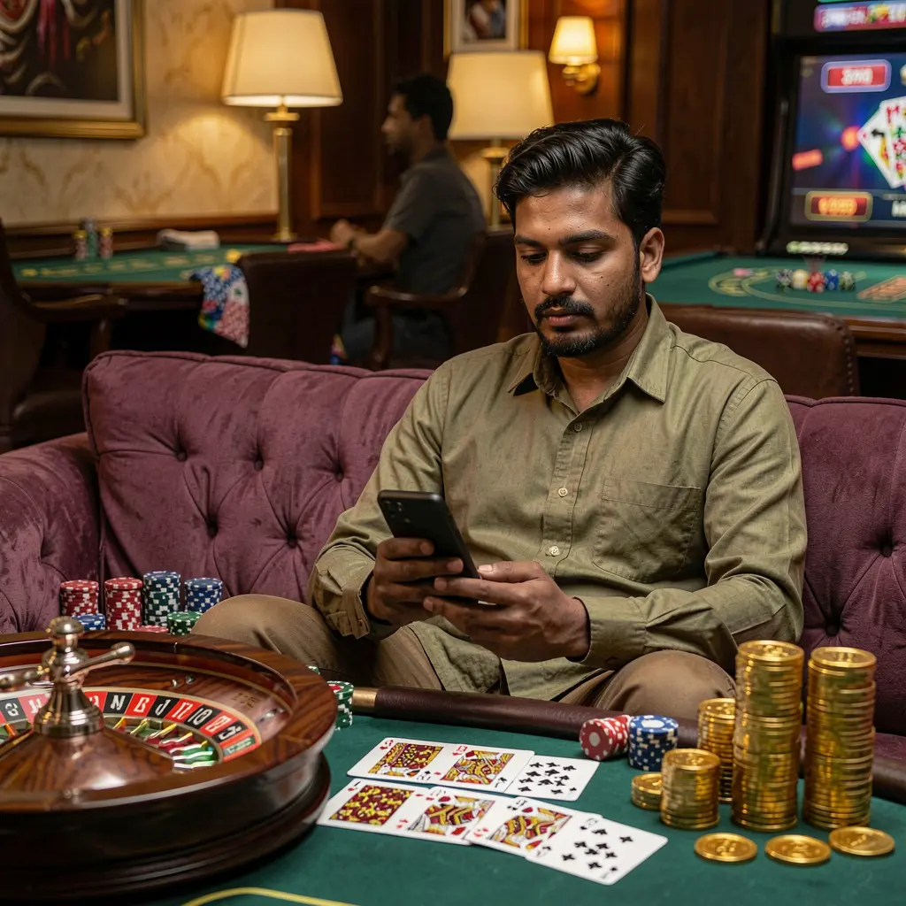 MMM 999 App – A powerful and user friendly casino app for Bangladesh Confident Bangladeshi player using the MMM 999 casino app on his phone surrounded by glowing roulette wheels cards and gold coins