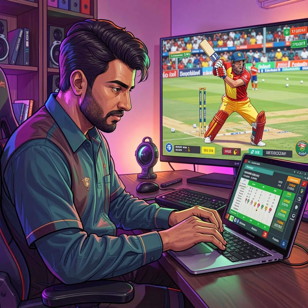 MMM 999 – Enjoy immersive online sports betting for Bangladeshi players Focused Bangladeshi sports bettor using a laptop at home while following a live cricket match on TV with colorful lighting on MMM 999