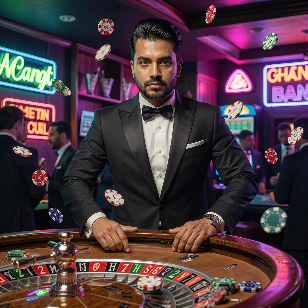 MMM 999 – Experience thrilling live roulette action for Bangladeshi players Confident roulette dealer in a tuxedo standing at the center of a vibrant casino table with flying chips highlighting the thrilling live casino action at MMM 999 in Bangladesh